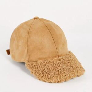 Topshop Suedette sherpa mix Cap in Beige fuzzy brim